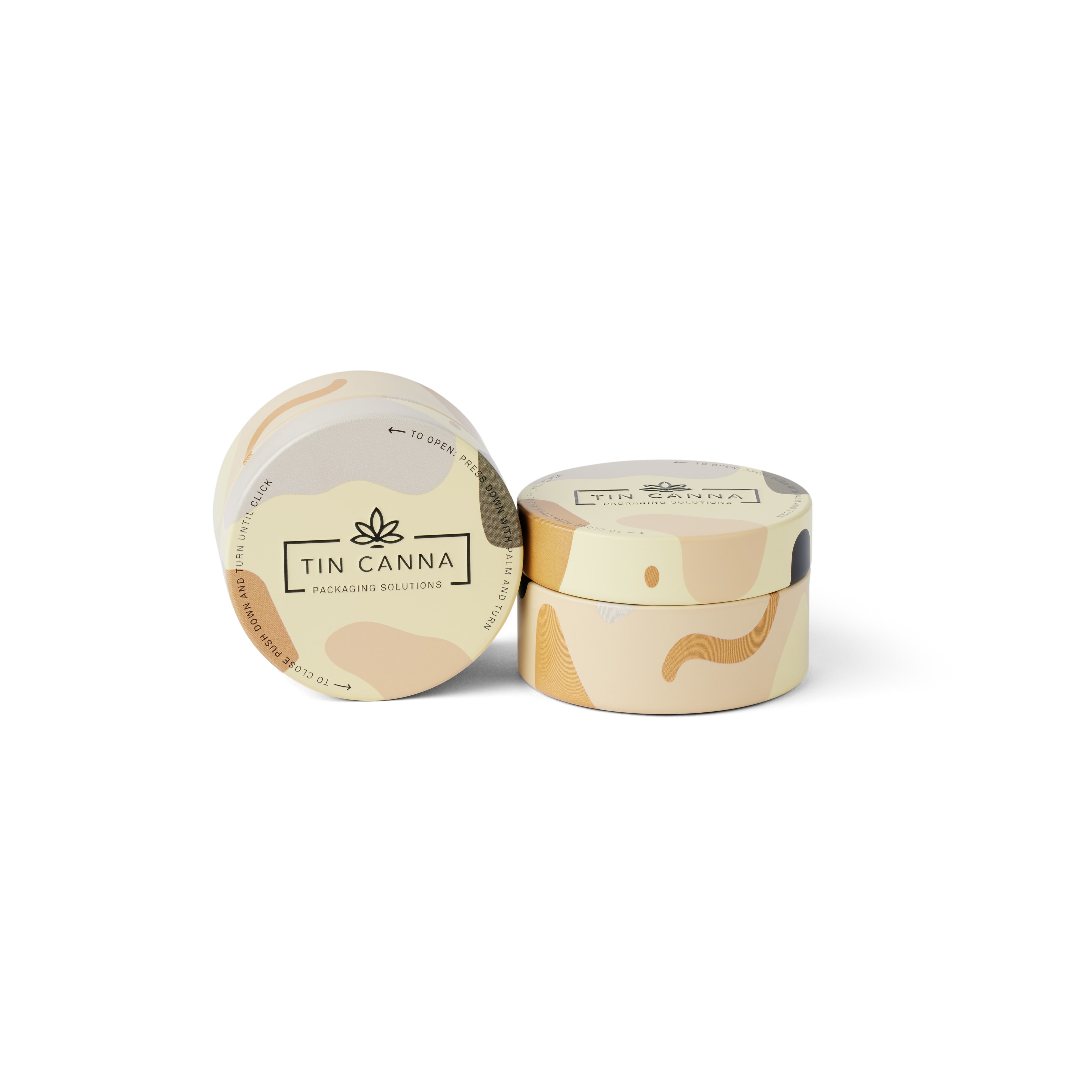 Tin Canna® abstract camo custom packaging — cream and tan round tins