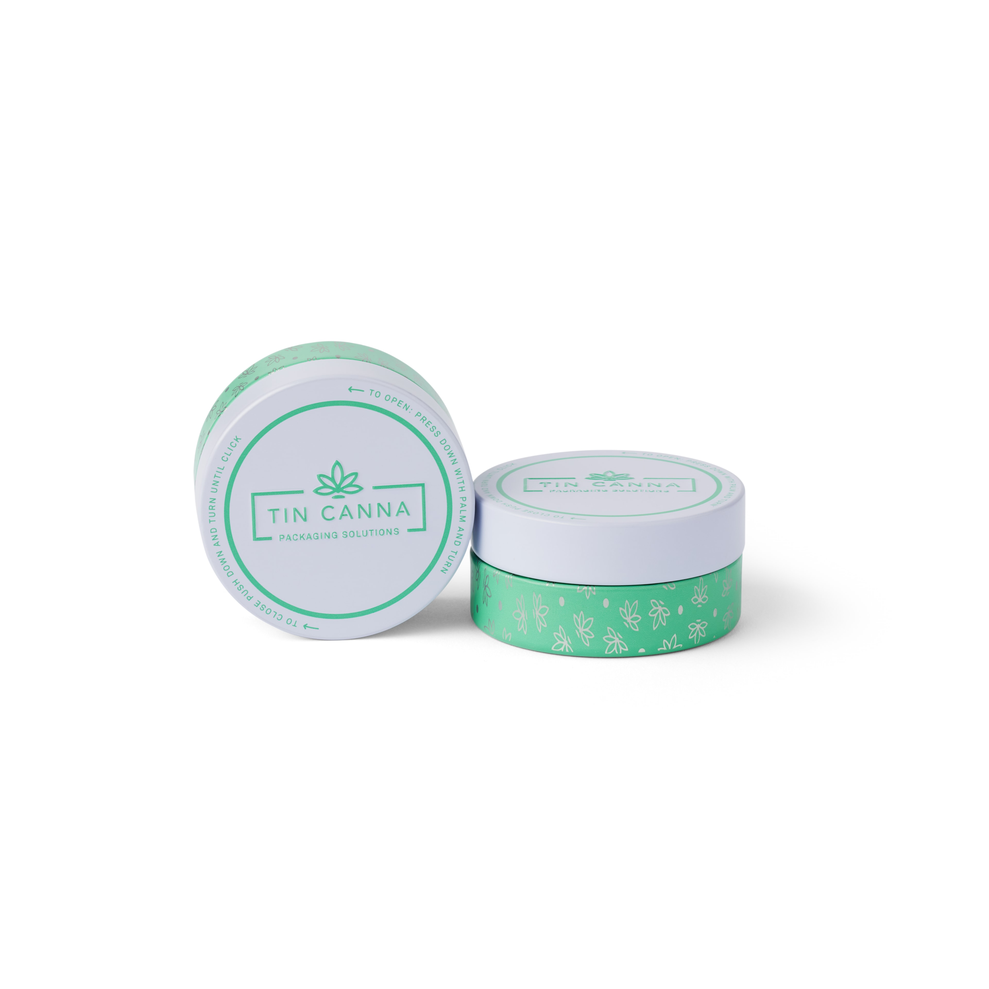 Tin Canna® cannabis leaf custom packaging — green and white round tins