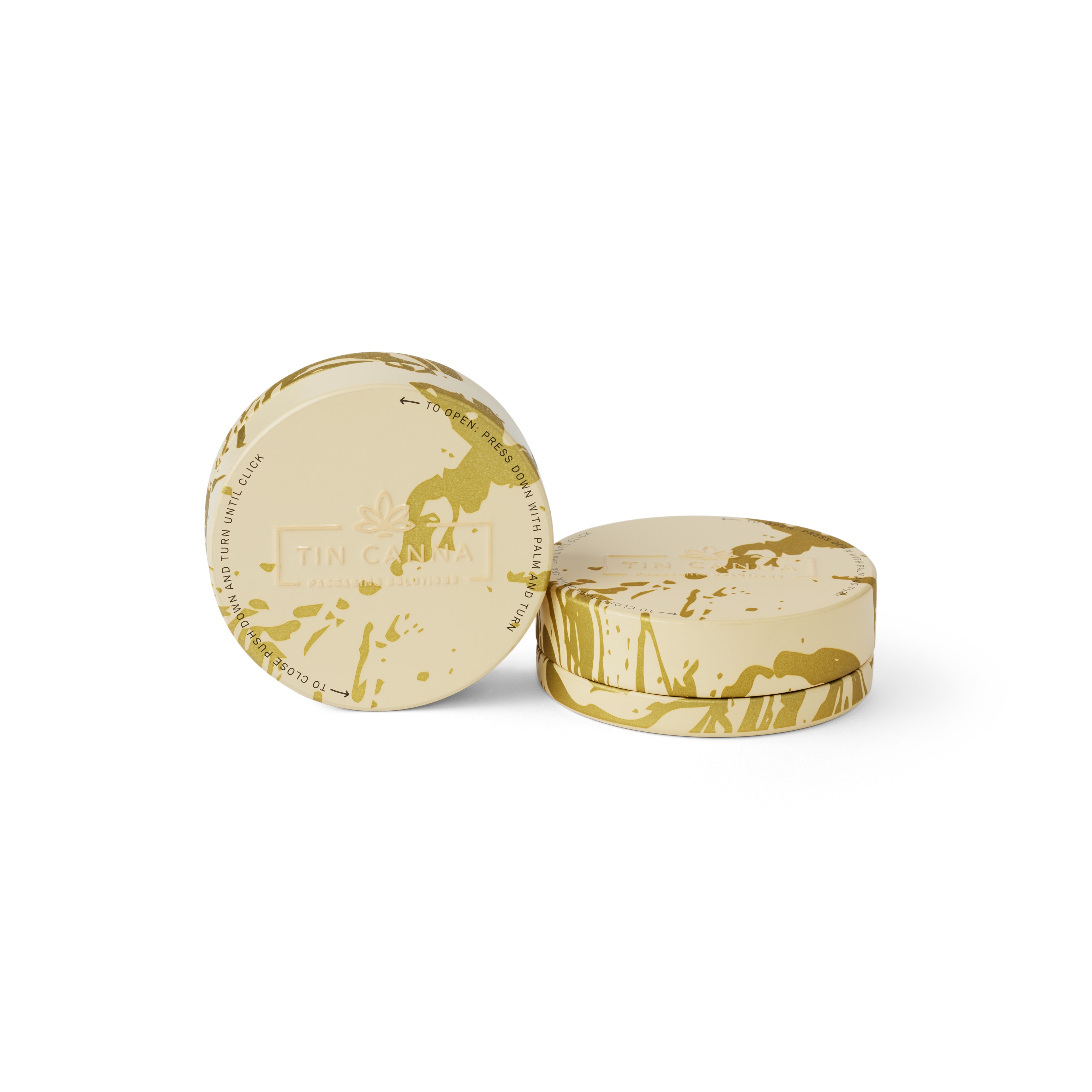 Tin Canna® gold splatter custom packaging — cream and gold round tins